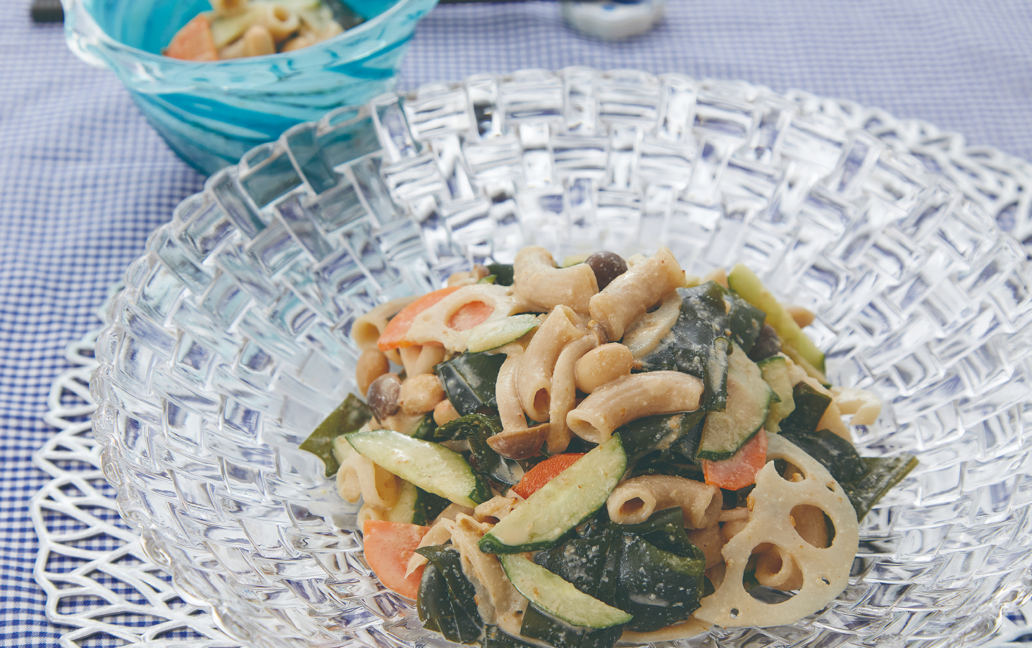 Brown rice macaroni salad made with Kin no Ibuki