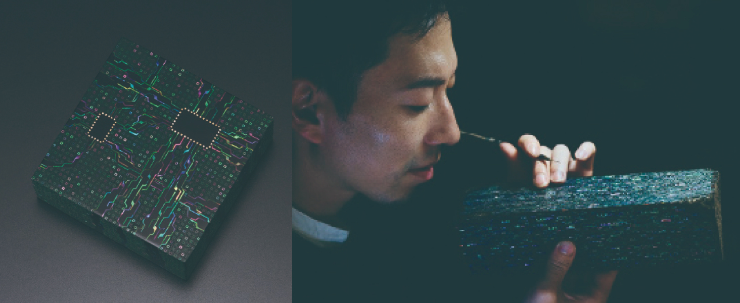 Ikeda carries on traditional mother-of-pearl inlay techniques while also utilizing cutting-edge laser technology to create parts too small to cut by hand. This allows for new forms of expression. Ikeda is also exploring collaborations with a textile maker to develop mother-of-pearl obi (sashes) and with a stationery maker to develop mother-of-pearl stationery.