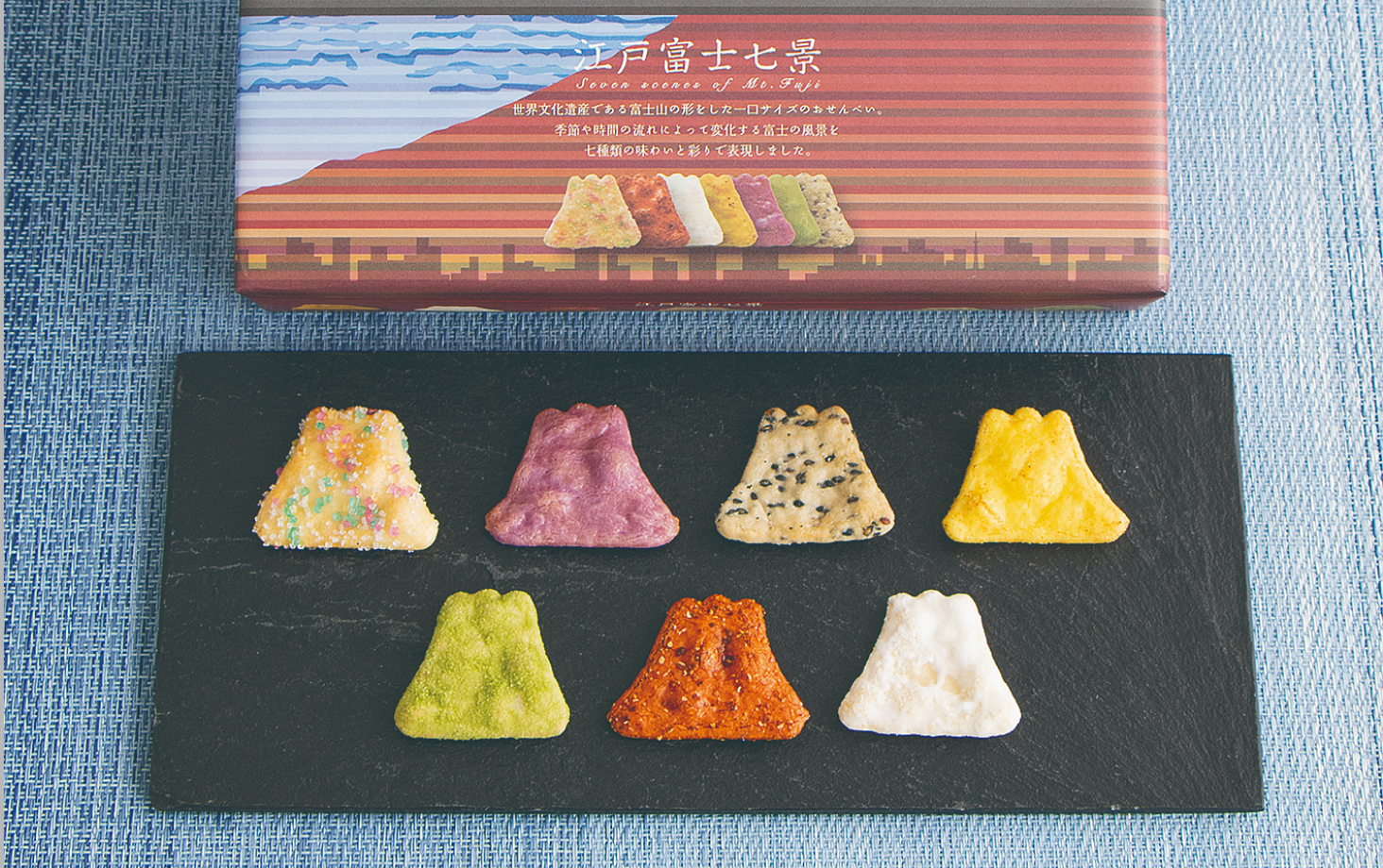 Rice crackers in the design of Mount Fuji — covered in snow or golden in the sunlight, with wrapping paper depictions of modern-day Tokyo at the foot of Mount Fuji.